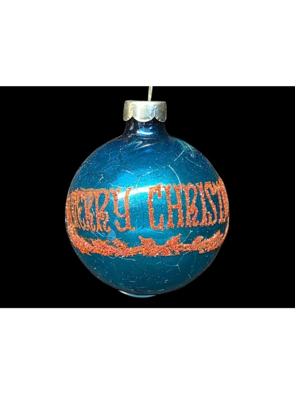 Vintage Retro MCM Blue Mercury Glass Stenciled Merry Christmas Ornament USA
